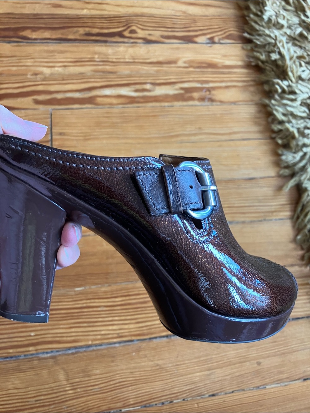 Nurture Dark Brown patent Leather Peep-Toe Mule with Side Buckle-sz 8